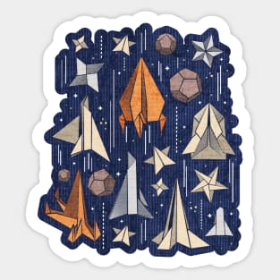 Reaching for the stars // illo // navy blue background ivory grey brown and orange origami paper asteroids stars and space ships traveling light speed Sticker